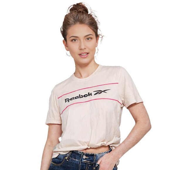 Reebok Classic Linear T-shirt Tee Pinky Beige Top Logo 100% Cotton Shirt - Picture 2 of 8